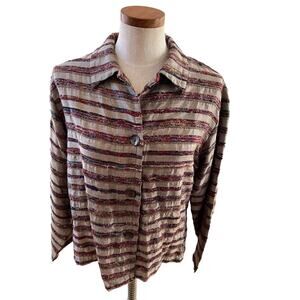 Chicos Textured Stripe Silk Button Front Jacket Silver Stripe